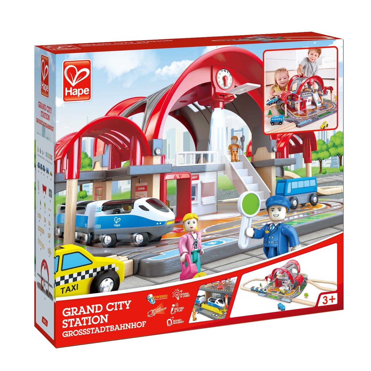 Hape Grand City Station Light & Sound Railway Set with Projector and Recorder, 49 Pieces